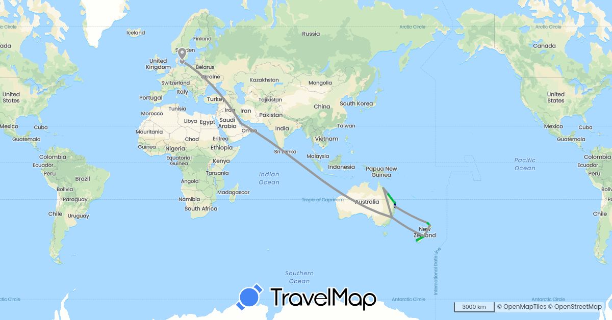 TravelMap itinerary: driving, bus, plane, boat in Australia, Denmark, New Zealand, Qatar (Asia, Europe, Oceania)